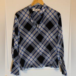 Diane Von Furstenberg 100% Silk Black and Blue Plaid Button Blouse, Size 6